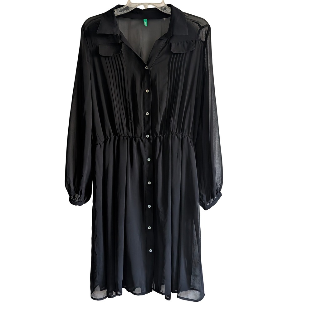 BENETTON Black Semi Sheer Long Sleeve Unlined Button Front Dress Women's‎ Large